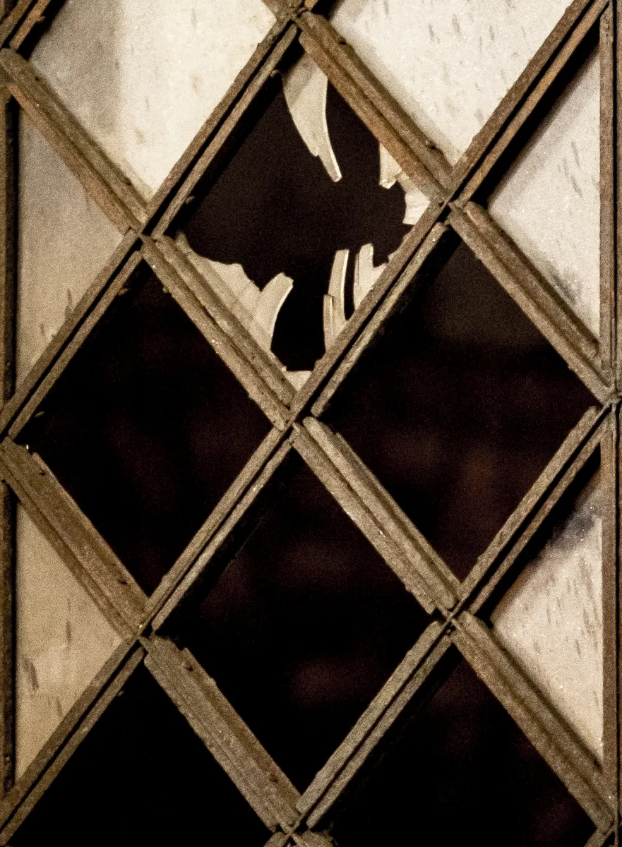 Broken diamond-pane window with a torn curtain inside